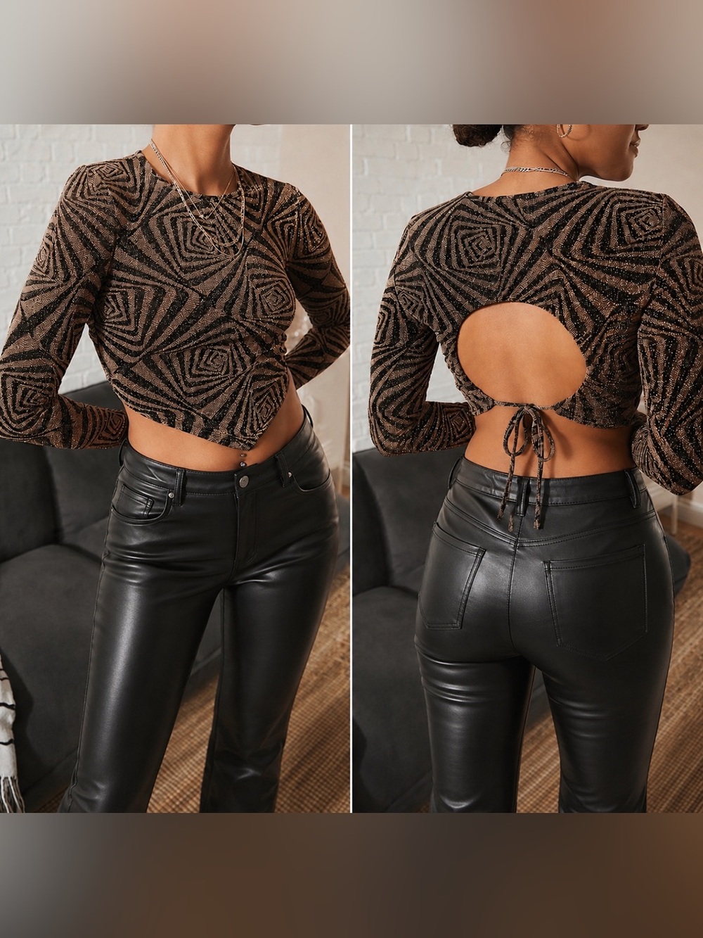 Urban Outfitters Glitter Geo Swirl Backless Top bronze and black